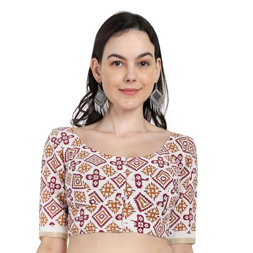 JISB Women's Printed Cotton Elbow Sleeve Kerala Saree Blouse (Maroon, 36) - Image 1
