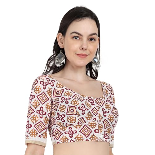 JISB Women's Printed Cotton Elbow Sleeve Kerala Saree Blouse (Maroon, 36) - Image 2