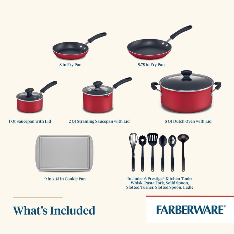 Farberware مجموعة أواني الطهي غير اللاصقة من فاربر وير كوكستارت دايموند ماكس، آمنة في غسالة الصحون، تشمل صينية خبز وأدوات الطهي، 15 قطعة - أحمر - Image 4
