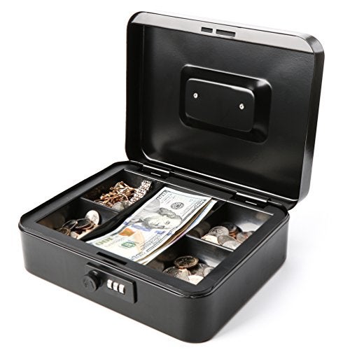 Decaller Safe Cash Box With Combination Lock, Decaller Medium Double Layer Cash Box with Money Tray Locking Storage Box, 9 4/5" x 7 4/5" x 3 1/2", QH2501M, Black - Image 2