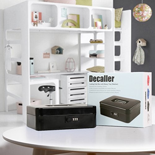 Decaller Safe Cash Box With Combination Lock, Decaller Medium Double Layer Cash Box with Money Tray Locking Storage Box, 9 4/5" x 7 4/5" x 3 1/2", QH2501M, Black - Image 5