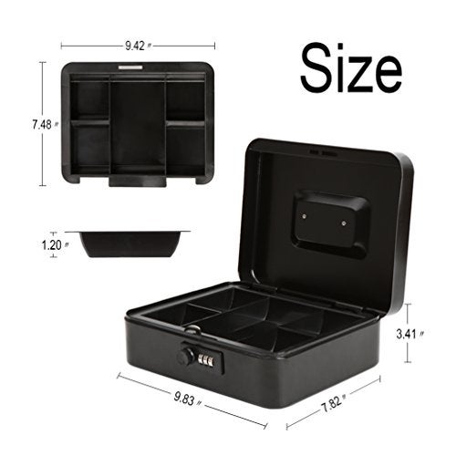 Decaller Safe Cash Box With Combination Lock, Decaller Medium Double Layer Cash Box with Money Tray Locking Storage Box, 9 4/5" x 7 4/5" x 3 1/2", QH2501M, Black - Image 3