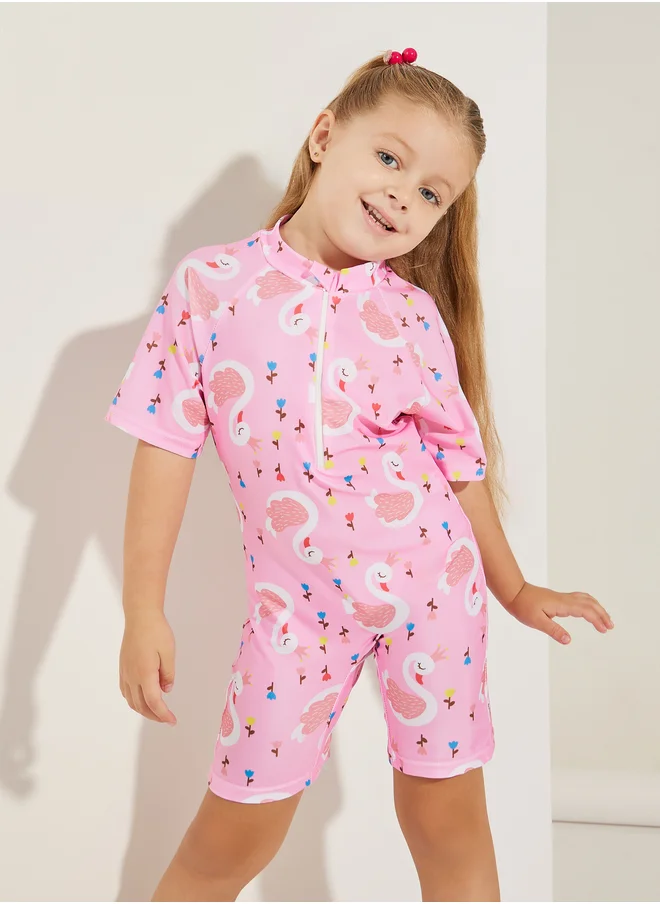 ستايلي Styli Swan Print Half Zip Swimsuit