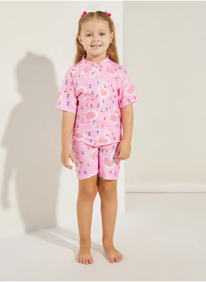ستايلي Styli Swan Print Half Zip Swimsuit