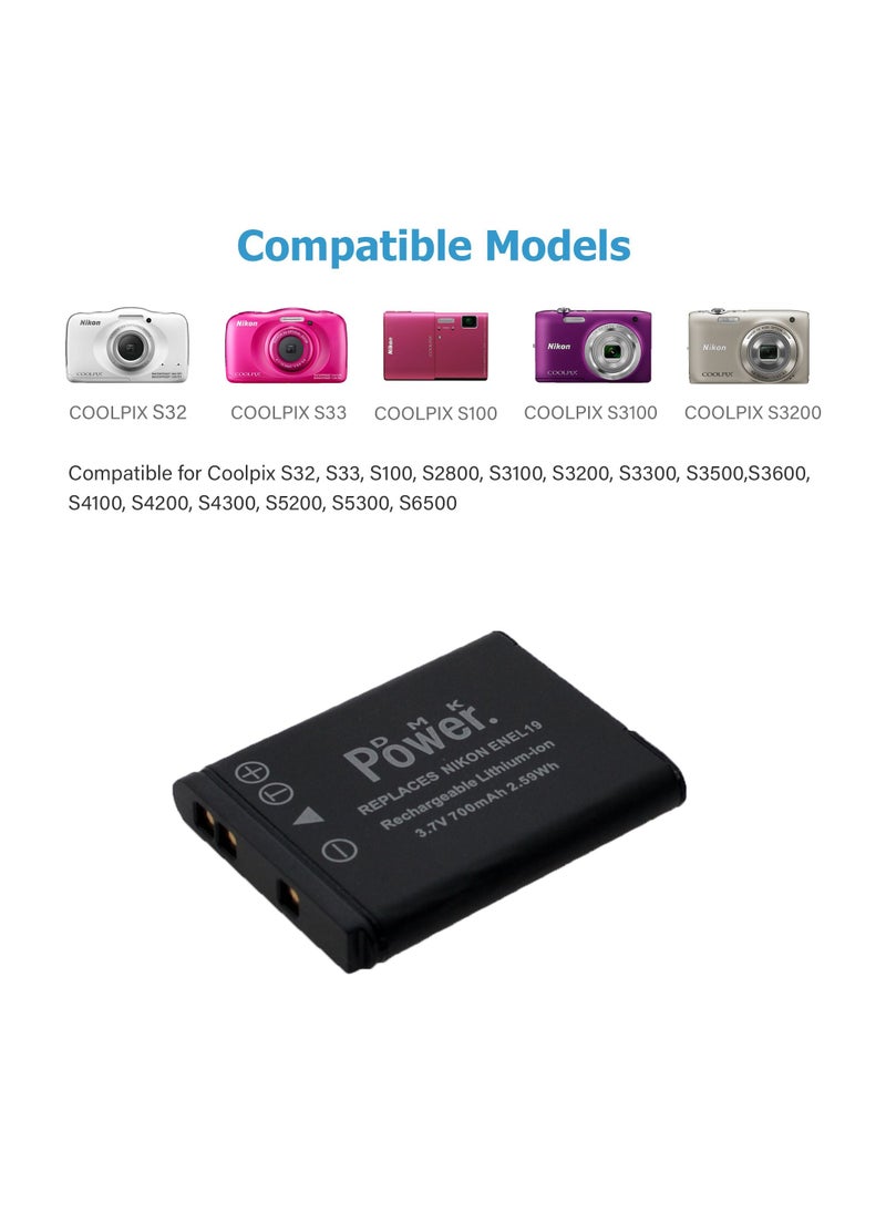 DMK Power - بطارية كاميرا DMK Power EN-EL19 بسعة 700 مللي أمبير مع شاحن بطارية TC600E متوافق مع كاميرات Nikon Coolpix S2500/ S3100/ S4100/ 3200 وما إلى ذلك - Image 1