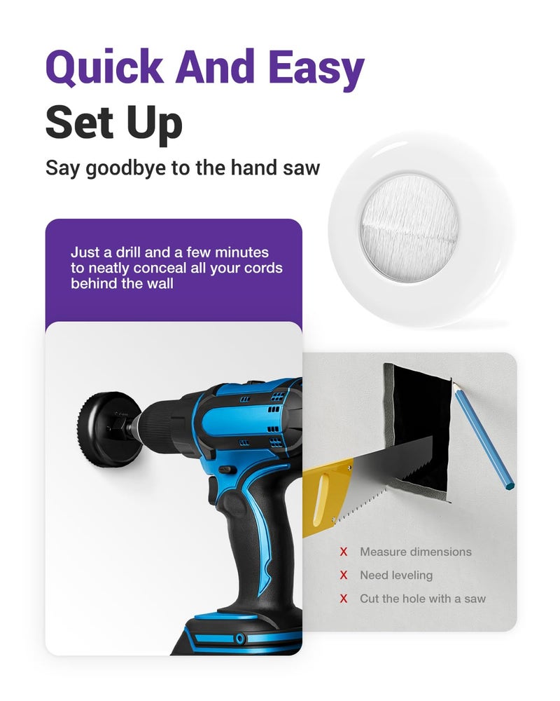 VCELINK Brush in Wall Cable Management Kit for Wall Mounted TV, Cord Hider for Low Voltage Cables Pass Through, Includes Hole Saw Drill Attachment and Mounting Brackets for Easy Install, White, 2-Pack - Image 4