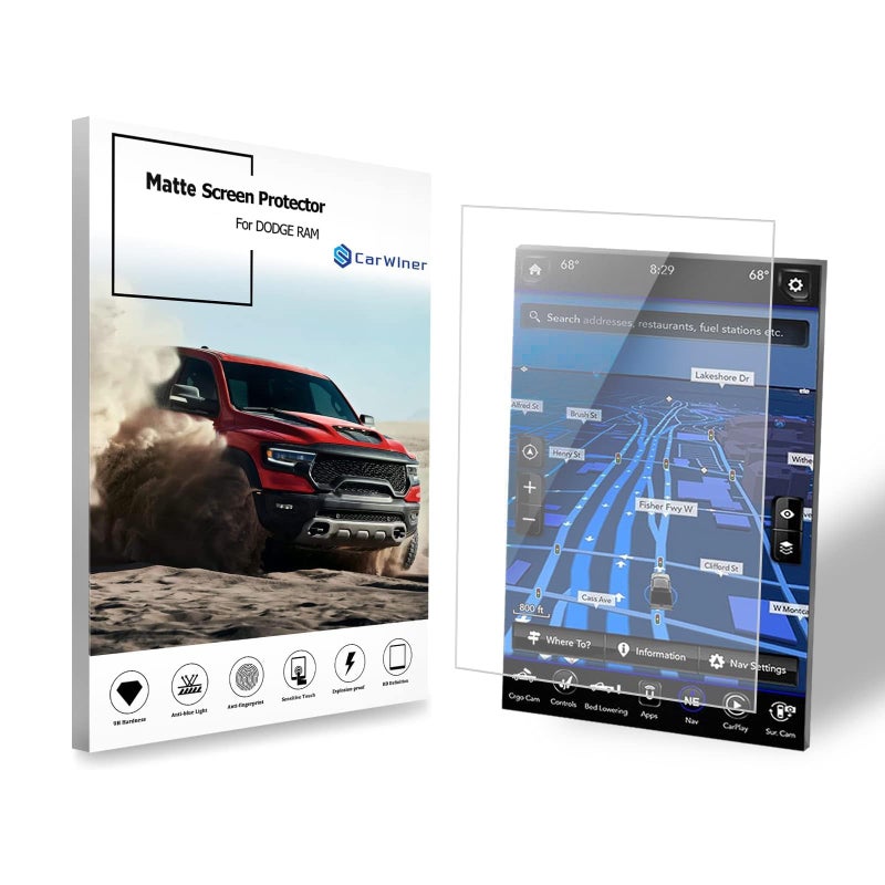 Carwiner Compatible with Dodge Ram Matte Screen Protector 12 Inch 2019-2026 1500 2500 3500 Anti Glare Fingerprint Navigation Protection Tempered Glass Accessories (matte) - Image 1