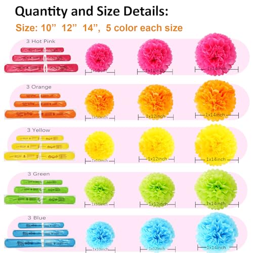 SOOKOO 15 PCS Tissue Paper Pom Poms in 14 Inch, 12 Inch, 10 Inch Assorted Rainbow Colors Paper Flowers Balls for Birthday Wedding Christmas Party and Festival Decorations - Image 5