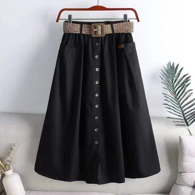 Cotton 2024 Spring and Summer New Korean Style Elastic High-waisted Skirt with Large Flap Pocket Pants Slits Slimming Look Mid-length A-line Skirt Black [free belt]