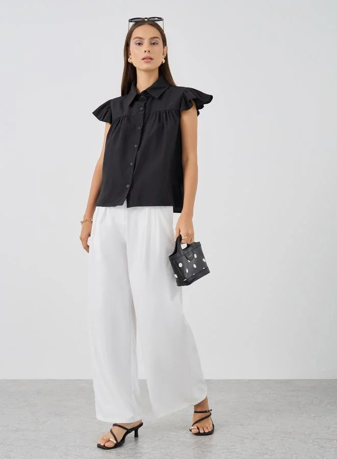 تايك تو Take Two Solid Ruffle Short Sleeve Regular Fit Shirt