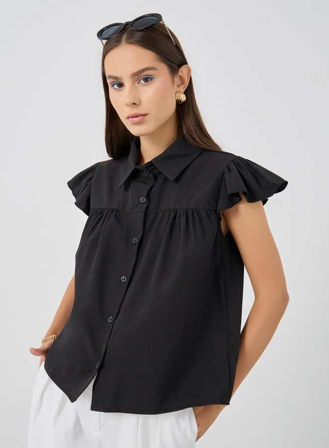 Take Two Take Two Solid Ruffle Short Sleeve Regular Fit Shirt