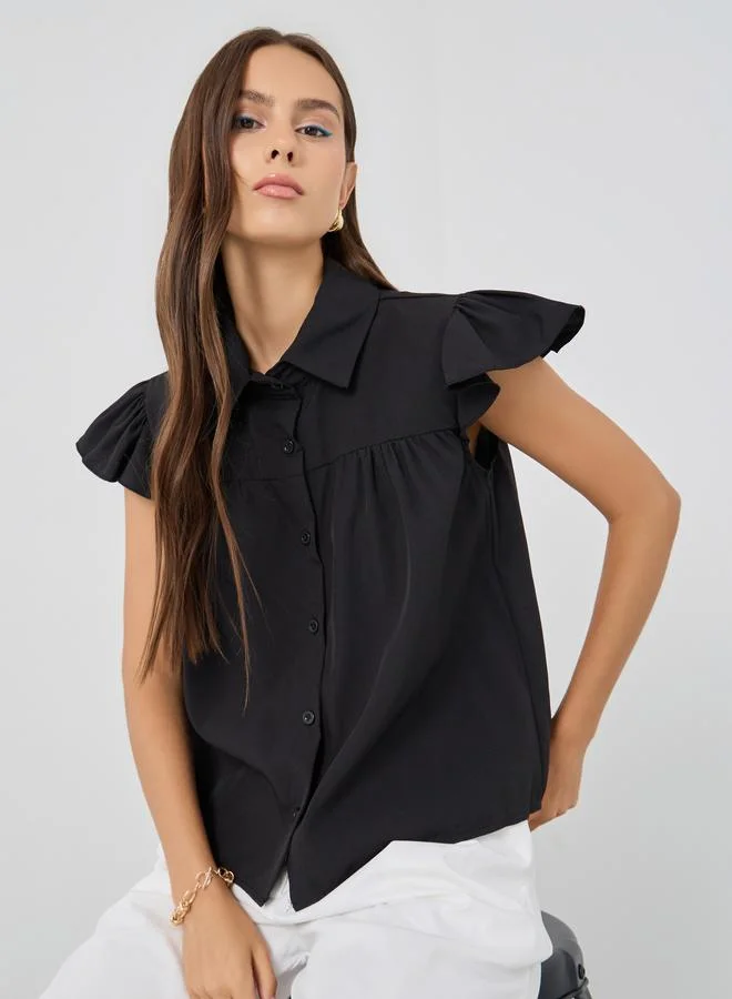 تايك تو Take Two Solid Ruffle Short Sleeve Regular Fit Shirt