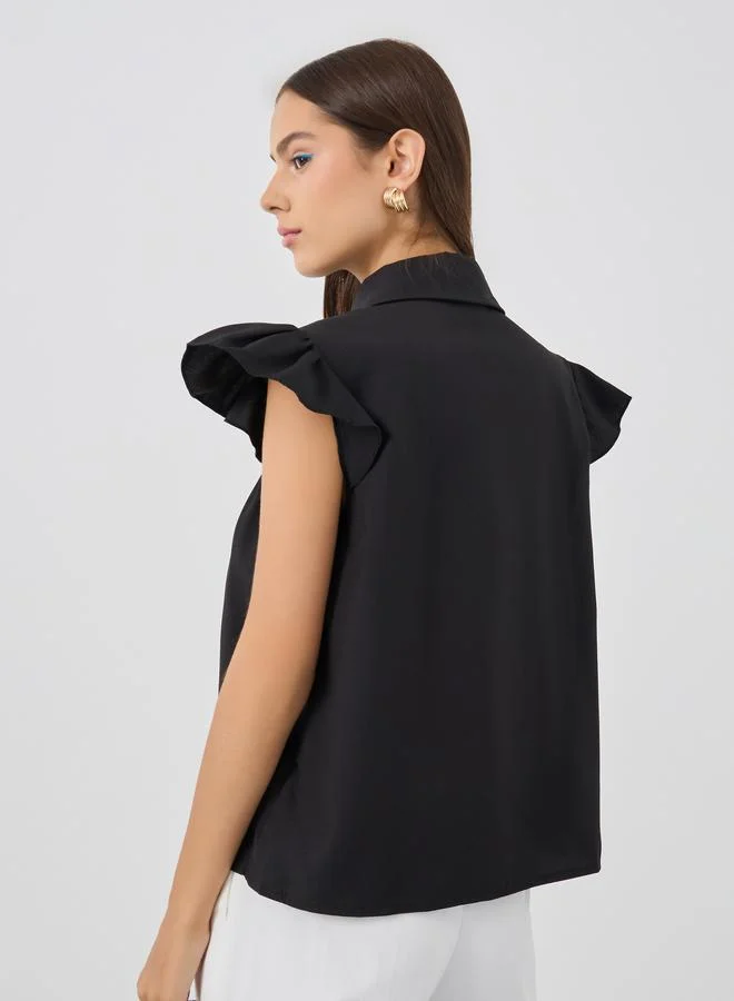 Take Two Take Two Solid Ruffle Short Sleeve Regular Fit Shirt