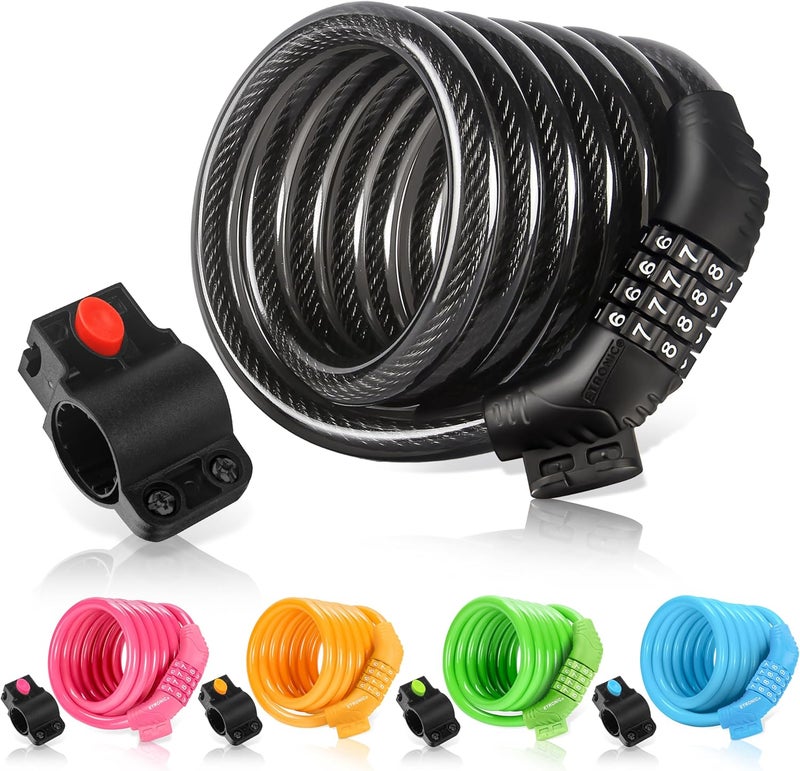 ETRONIC Bike Lock M6, Cable Lock 6 Feet Long Coiled Security Resettable Combo Combination Lock Bicycle Lock with Mounting Bracket - Image 1
