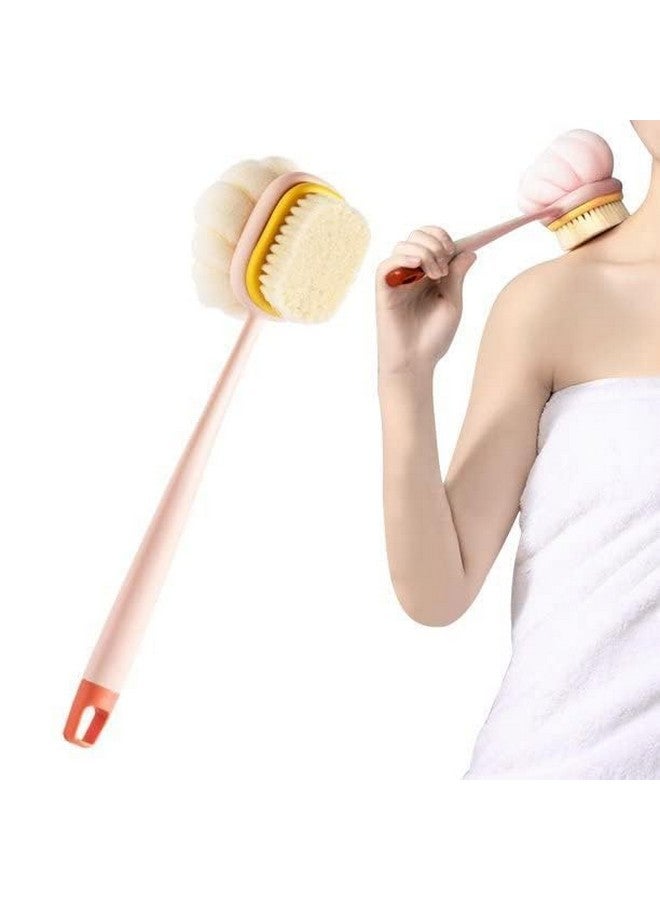 SANGOZ Bath Brush Round Handle Shower Body Plastic Brush with Bristles and Loofah, Back Scrubber Bath Mesh Sponge with Curved Long Handle for Men and Women (Pack of 1) (MultiColor) - Image 1
