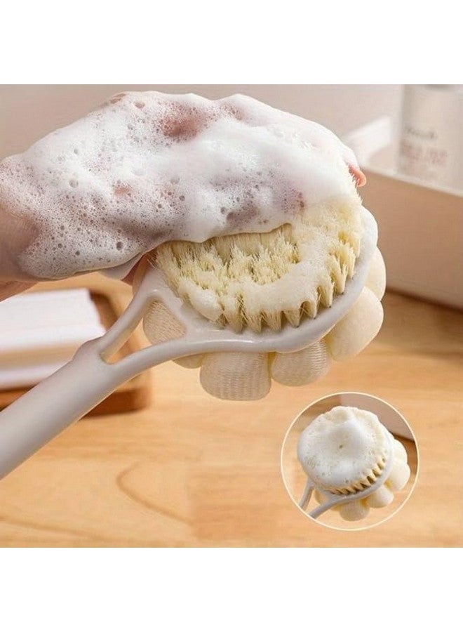 SANGOZ Bath Brush Round Handle Shower Body Plastic Brush with Bristles and Loofah, Back Scrubber Bath Mesh Sponge with Curved Long Handle for Men and Women (Pack of 1) (MultiColor) - Image 5