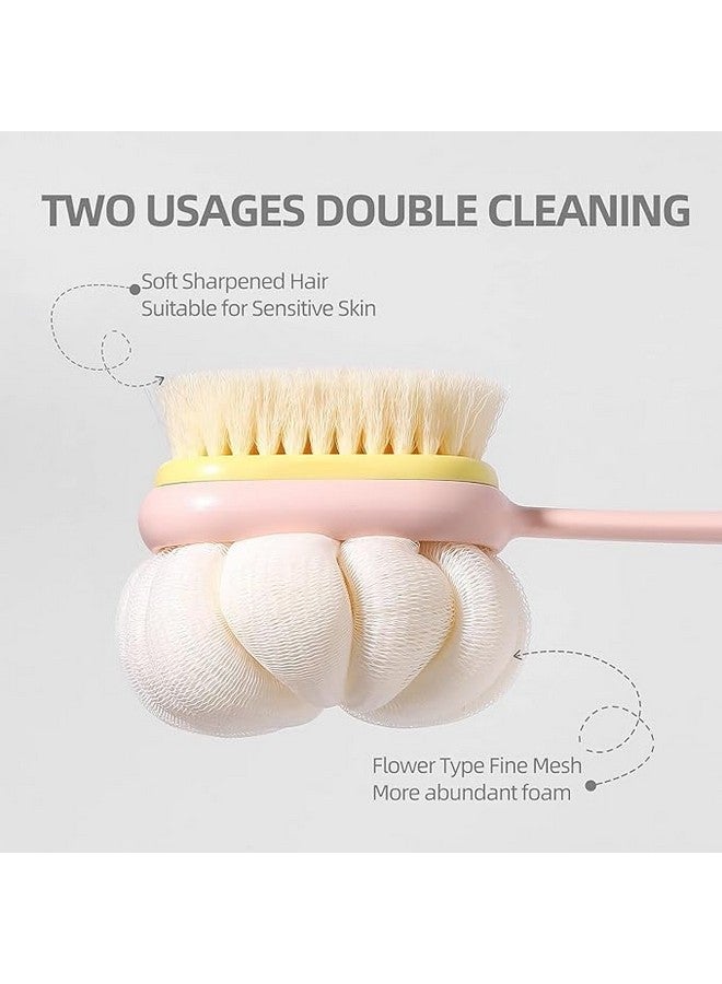 SANGOZ Bath Brush Round Handle Shower Body Plastic Brush with Bristles and Loofah, Back Scrubber Bath Mesh Sponge with Curved Long Handle for Men and Women (Pack of 1) (MultiColor) - Image 2