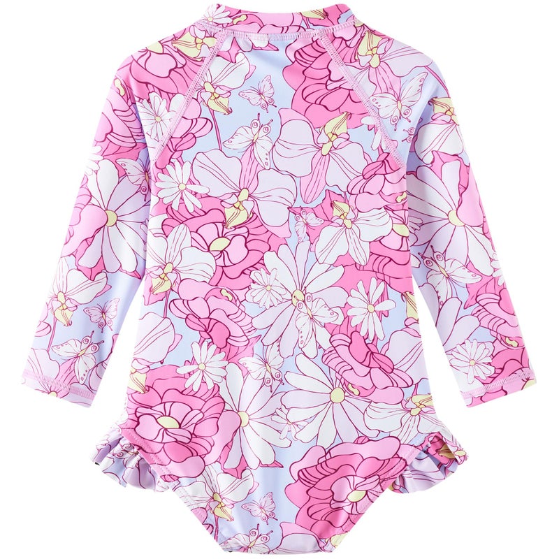UMELOK Baby Girls One Piece Swimsuit UPF 50+ Sun Protection Floral Printed Long Sleeve Rash Guard Swim Suit Infant Swimwear with Zipper Pink Daisy,9M - Image 2
