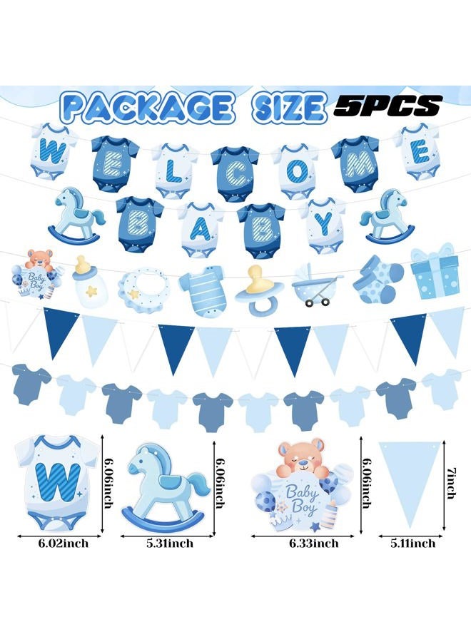 Tegeme 5 Pcs Blue Welcome Baby Shower Banner Decorations for Boy Baby Shower Banner Blue Paper Welcome Birthday Party Decoration Supplies(Classic) - Image 2