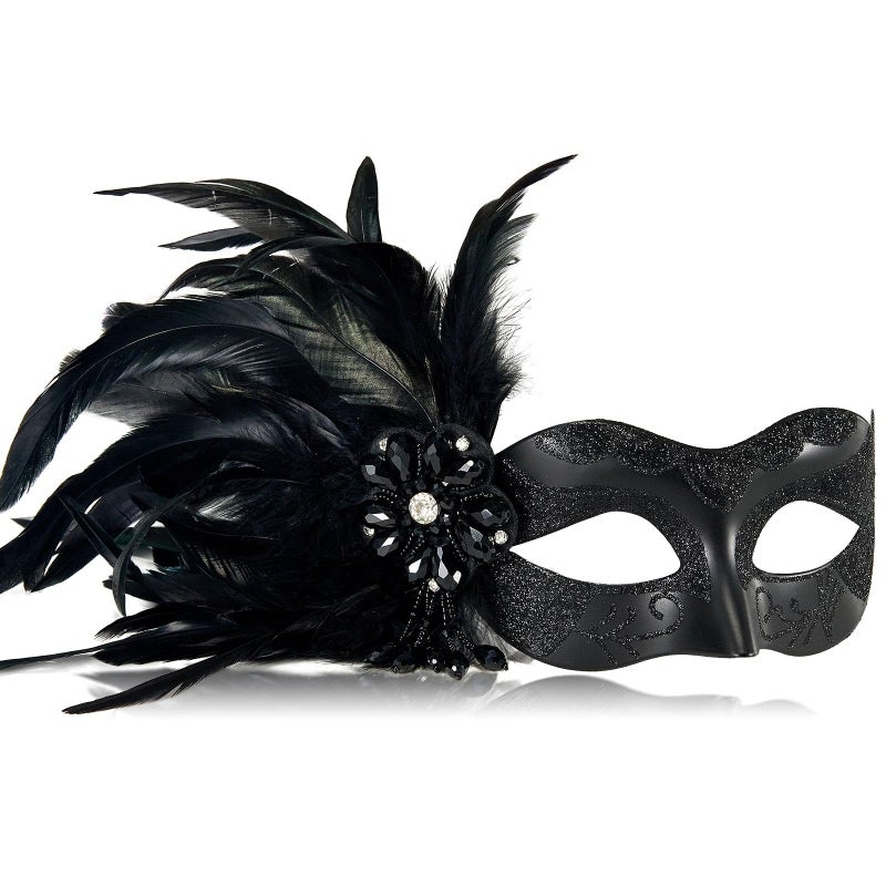MYSEUNI 2025 New Black Masquerade Masks for Women with Feathers - Womens Mascarade Venetian Mask for Masquerade Party, Mardi Gras, Halloween Cosplay Prom, Christmas - Image 1