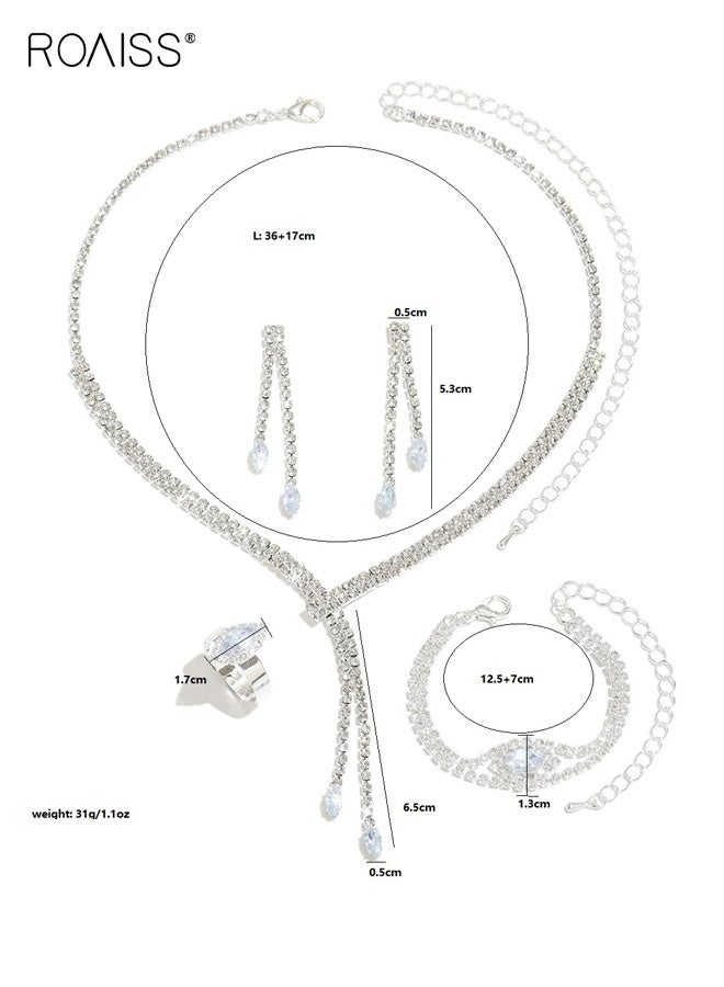 roaiss 4Pcs Silver Bridal Wedding Jewelry Sets, Rhinestone Necklace Earrings Bracelet Ring Set for Ladies, Prom Formal Costume Jewelry Sets for Women and Brides - Image 5