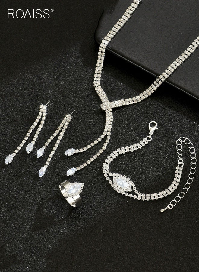 roaiss 4Pcs Silver Bridal Wedding Jewelry Sets, Rhinestone Necklace Earrings Bracelet Ring Set for Ladies, Prom Formal Costume Jewelry Sets for Women and Brides - Image 3