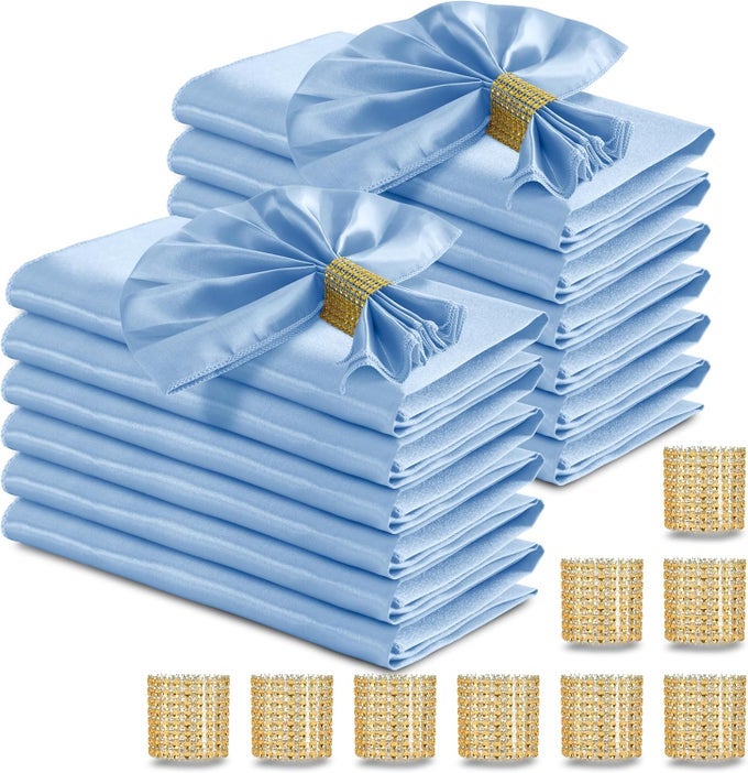 100 PCS LIGHT BLUE SATIN NAPKINS AND NAPKIN RINGS SET 17 X 17 INCH SQUARE CLOTH NAPKINS SET OF 50 SILKY SOFT TABLE NAPKINS BULK FOR WEDDINGS BANQUET PARTIES DINNER DECORATION