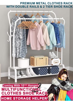 Modern Minimalist Double Rail Garment Rack with Two Tier Shoe Storage And Side Hooks  Anti Slip and Rust Resistant Design