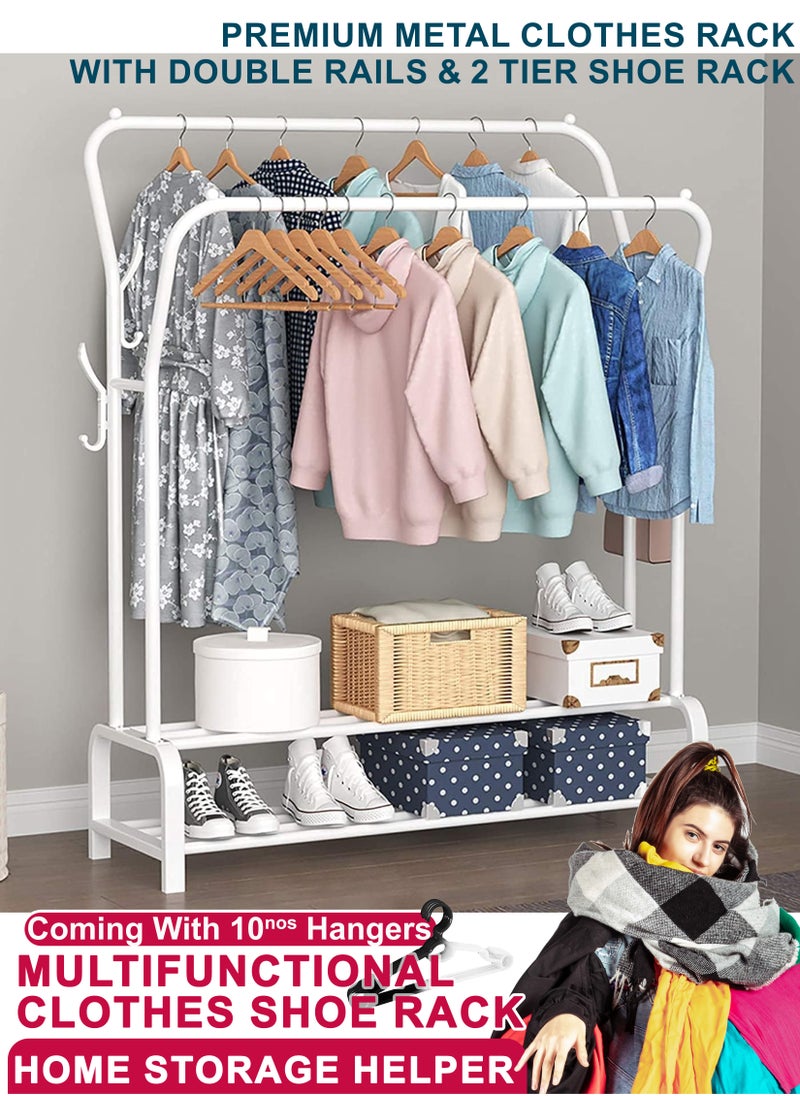 Toshionics - Modern Minimalist Double Rail Garment Rack with Two Tier Shoe Storage And Side Hooks  Anti Slip and Rust Resistant Design - Image 1