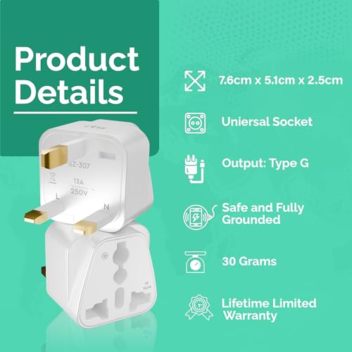 rts (2 Pack) India to England London UK Travel Plug Adapter Converter Type G Compatible with UK, UAE, Dubai, Scotland British Qatar Irish & Hong Kong - Ideal for Laptops, Mobiles, Tablets, Chargers - Image 3