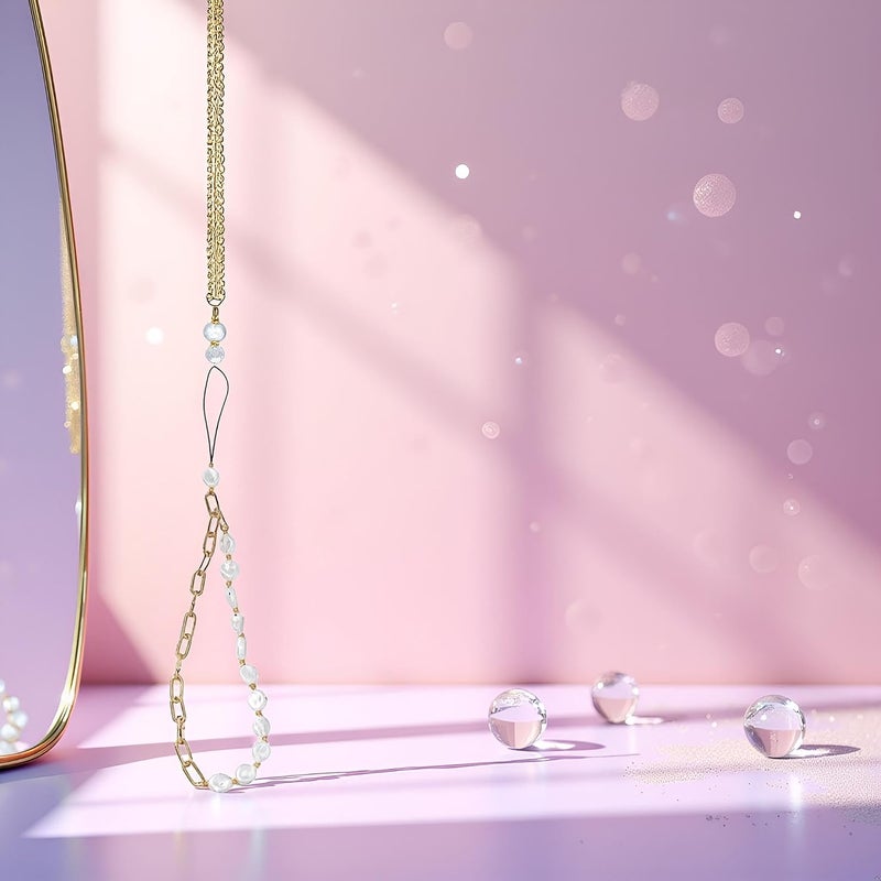 KASTWAVE Gold Mobile Phone Lanyard, Hand Wrist Strap Lanyard, Metal Chain Pearl Beaded Phone Charms Lanyard Strap, Universal Chain, Wrist Strap Anti Lost Charm Decorations Charm Keychain - Image 2