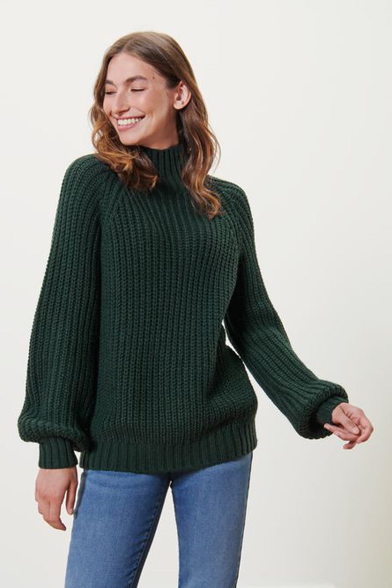 Tchibo Women Mock Neck Knitted Sweater, Dark Green - Image 1