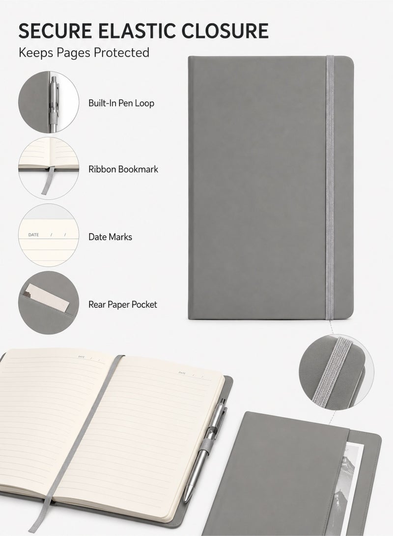 PEI  AN A5 Notebook with Lined Pages, Pen Loop, Ribbon, Date Marks and Paper Pocket, Medium Hardback Journal, Note, Sustainably Sourced Paper (Grey) - Image 3