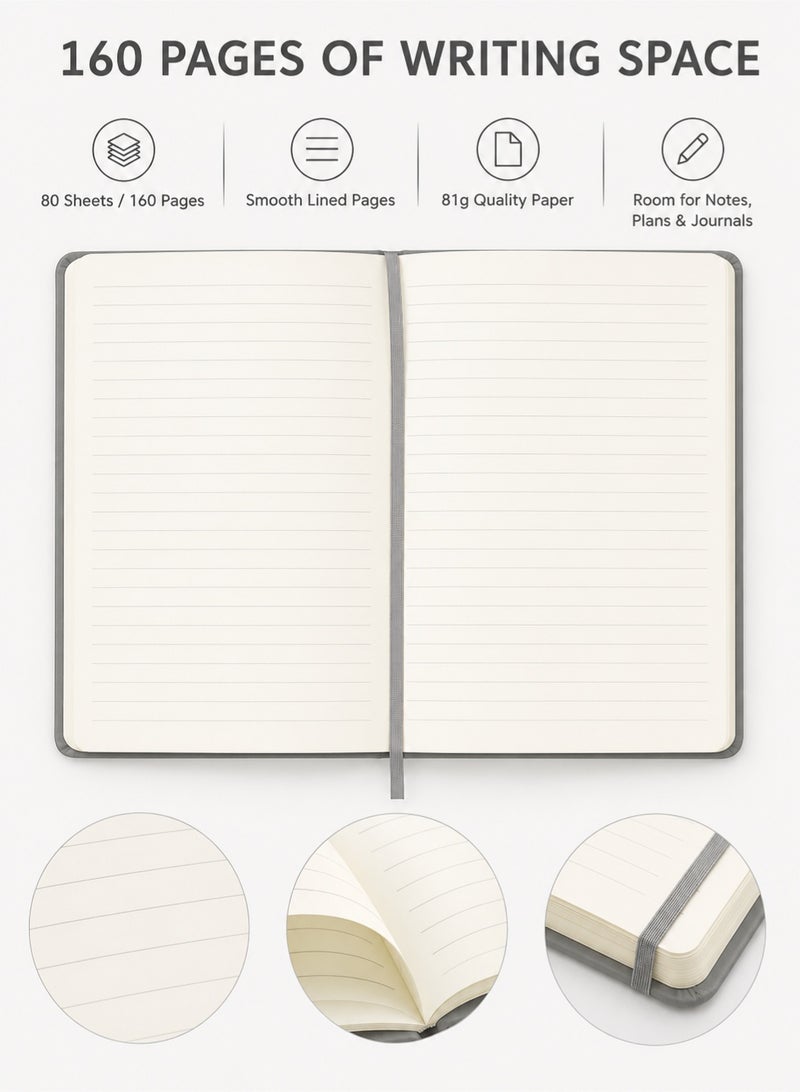 PEI  AN A5 Notebook with Lined Pages, Pen Loop, Ribbon, Date Marks and Paper Pocket, Medium Hardback Journal, Note, Sustainably Sourced Paper (Grey) - Image 2