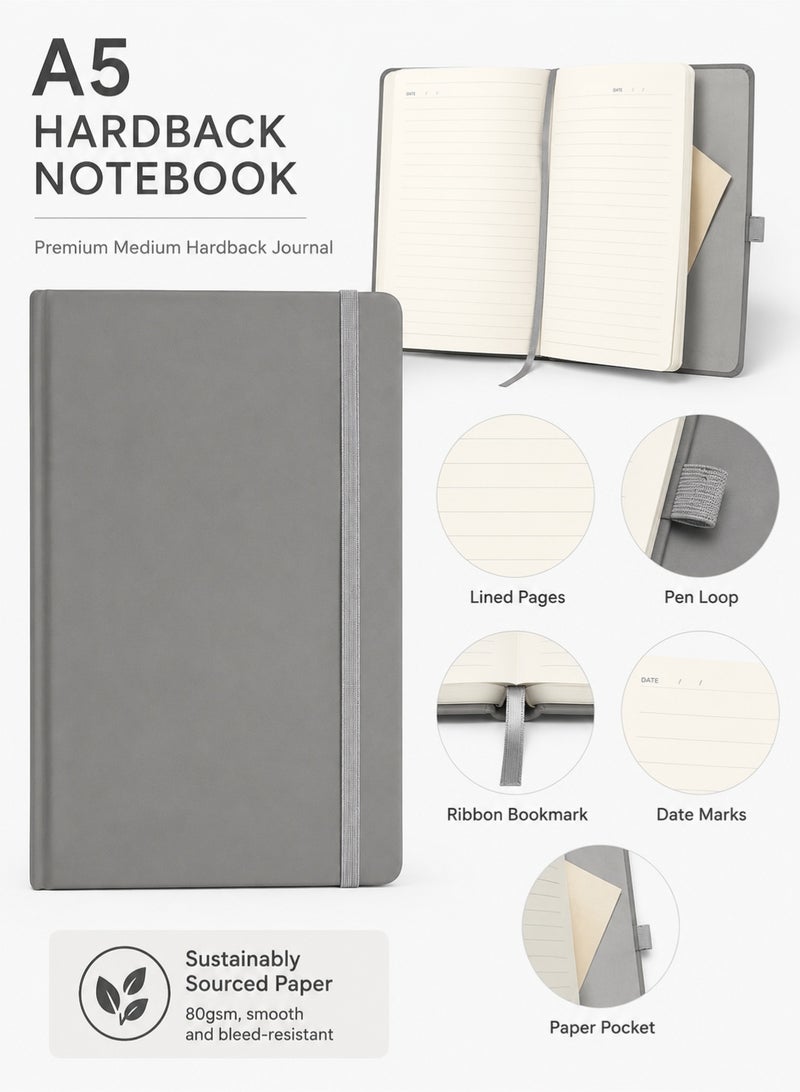 PEI  AN A5 Notebook with Lined Pages, Pen Loop, Ribbon, Date Marks and Paper Pocket, Medium Hardback Journal, Note, Sustainably Sourced Paper (Grey) - Image 4