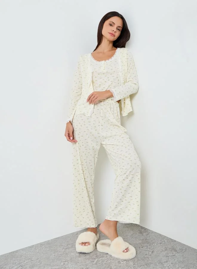 Styli 3 PACK DITSY FLORAL PLACKET LACE DETAIL CAMI BUTTON THROUGH SHIRT & PJ LONG SET