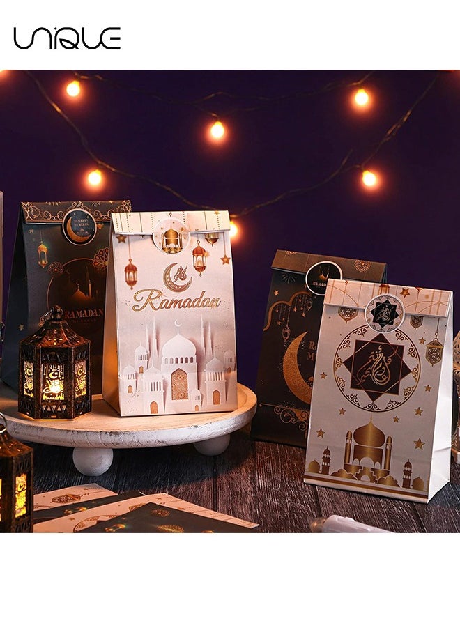 Unique - 12 Pcs Eid Al-adha Paper Bags with Stickers， Ramadan Party Favor Bags for Eid Wedding Supplies, Muslim Themed Snack Bags for Kids, 4 Designs Paper Gift Bags for Candy Goodie Packing - Image 1