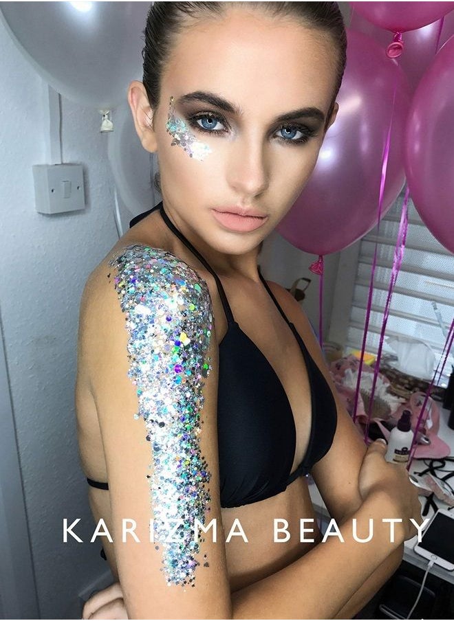 KARIZMA - Holographic Silver Body Glitter. 10g Chunky Face Glitter, Hair Glitter, Eye Glitter and Body Glitter for Women. Rave Glitter, Festival Accessories, Cosmetic Glitter Makeup. Loose Glitter Set - Image 1