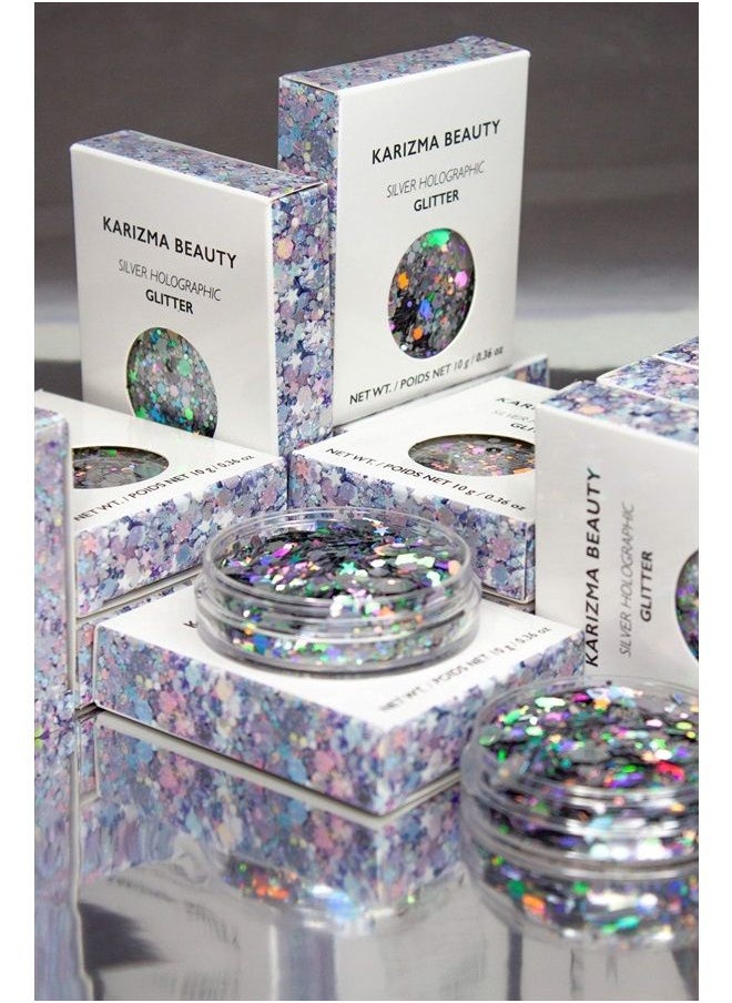 KARIZMA - Holographic Silver Body Glitter. 10g Chunky Face Glitter, Hair Glitter, Eye Glitter and Body Glitter for Women. Rave Glitter, Festival Accessories, Cosmetic Glitter Makeup. Loose Glitter Set - Image 1