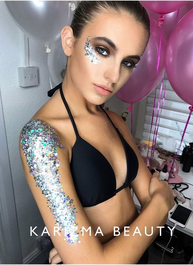 KARIZMA - Holographic Silver Body Glitter. 10g Chunky Face Glitter, Hair Glitter, Eye Glitter and Body Glitter for Women. Rave Glitter, Festival Accessories, Cosmetic Glitter Makeup. Loose Glitter Set - Image 1
