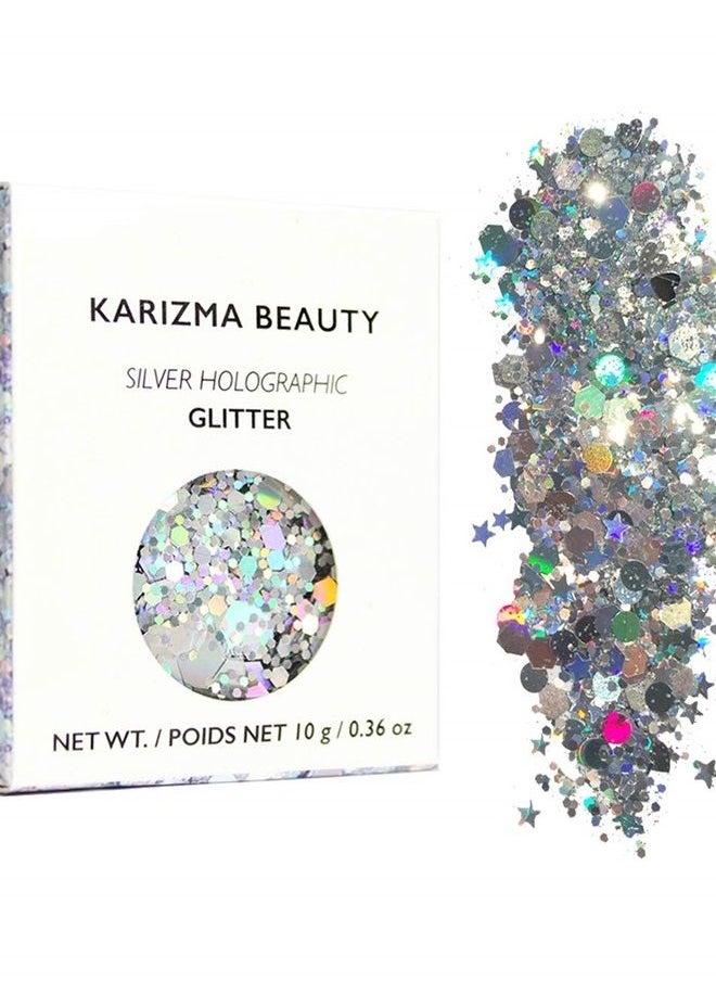 KARIZMA - Holographic Silver Body Glitter. 10g Chunky Face Glitter, Hair Glitter, Eye Glitter and Body Glitter for Women. Rave Glitter, Festival Accessories, Cosmetic Glitter Makeup. Loose Glitter Set - Image 1