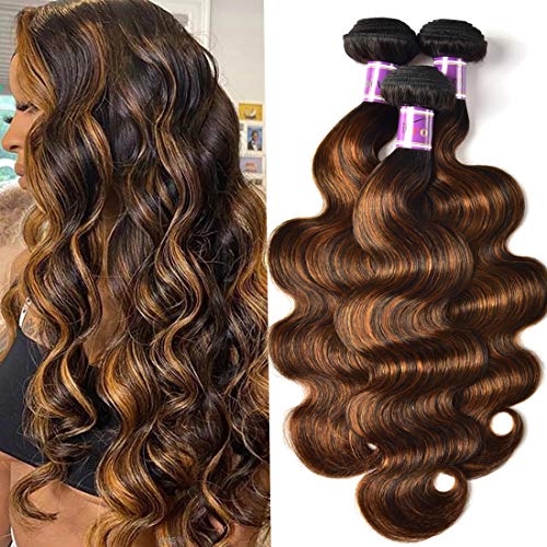 UNice Brown Highlight Body Wave Human Hair Weave 3 Bundles 14 16 18 inch, Brazilian Remy Hair Ombre Blonde Human Hair Wavy Weaves Sew in Piano Color TFB30 - Image 1
