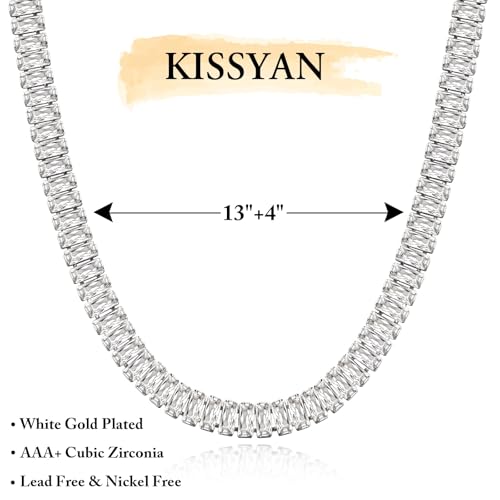 KissYan Diamond Tennis Necklace for Women, White Gold Plated Cubic Zirconia Baguette Tennis Choker Dainty Jewelry Gifts(33B-W) - Image 5