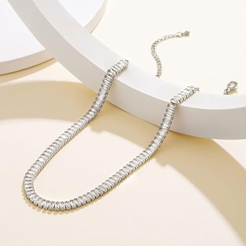 KissYan Diamond Tennis Necklace for Women, White Gold Plated Cubic Zirconia Baguette Tennis Choker Dainty Jewelry Gifts(33B-W) - Image 4