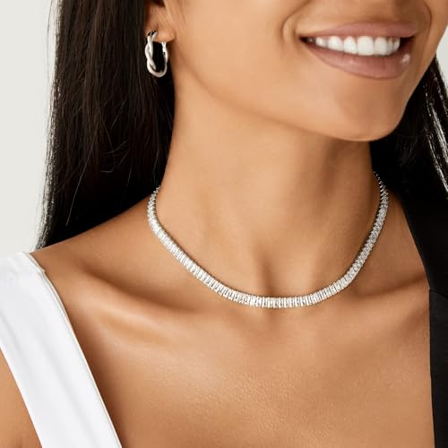 KissYan Diamond Tennis Necklace for Women, White Gold Plated Cubic Zirconia Baguette Tennis Choker Dainty Jewelry Gifts(33B-W) - Image 2