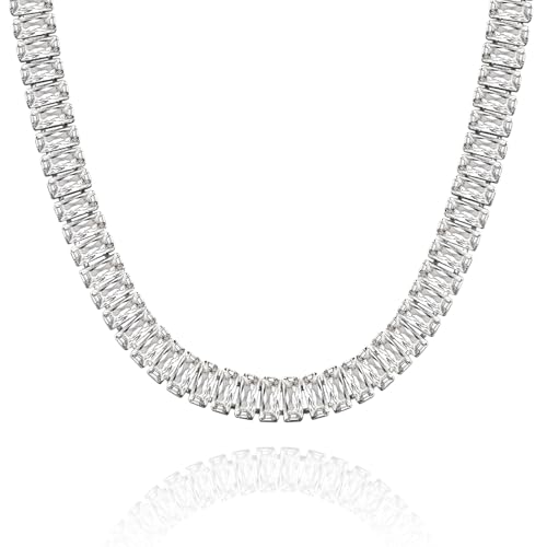 KissYan Diamond Tennis Necklace for Women, White Gold Plated Cubic Zirconia Baguette Tennis Choker Dainty Jewelry Gifts(33B-W) - Image 1
