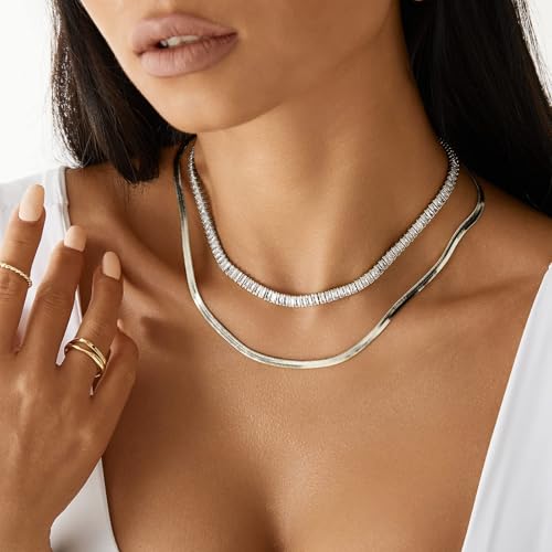 KissYan Diamond Tennis Necklace for Women, White Gold Plated Cubic Zirconia Baguette Tennis Choker Dainty Jewelry Gifts(33B-W) - Image 3