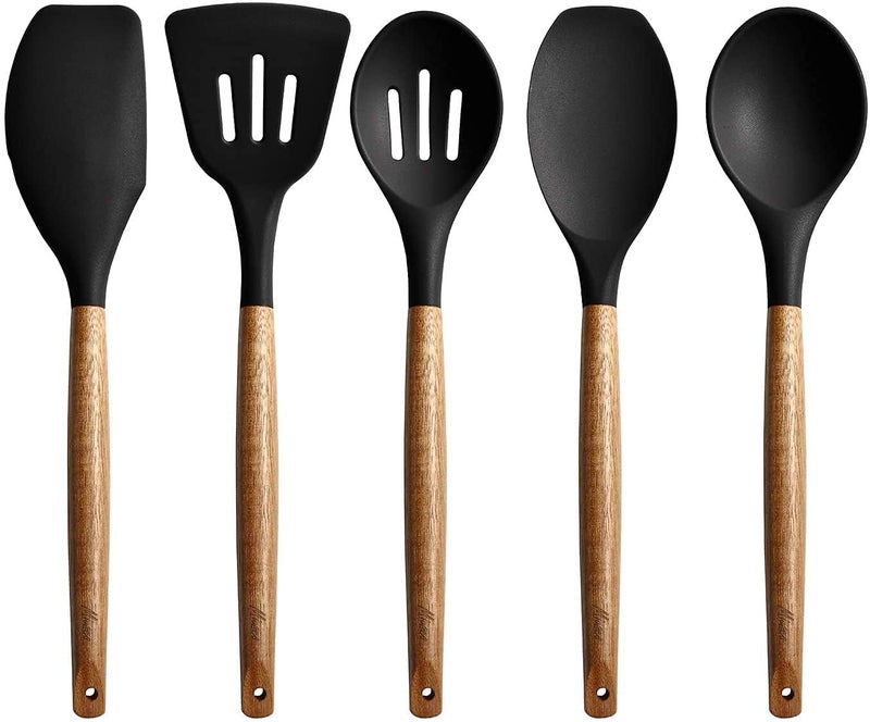 Lavonte Kitchen Utensils Set Kitchen Set for Home and Kitchen Items Cooking Tools with Wooden Handles Non Stick Silicone Spatula Spoon Laddle for Kitchen Cookware Tool Set 5 Pcs Black - Image 1