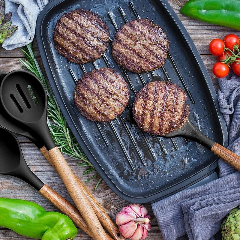 Lavonte Kitchen Utensils Set Kitchen Set for Home and Kitchen Items Cooking Tools with Wooden Handles Non Stick Silicone Spatula Spoon Laddle for Kitchen Cookware Tool Set 5 Pcs Black - Image 3