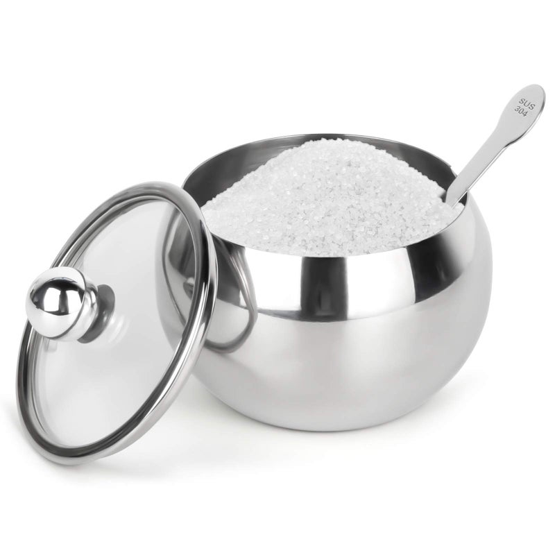 hanmir Stainless Steel Sugar Bowl with Clear Lid and Sugar Spoon 81 Ounces240 Milliliter Sugar Container for Home and Kitchen